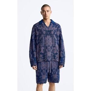 ZARA Men’s Knit Lounge Set Long Sleeve Top & Shorts Classic Cut Jersey Size M